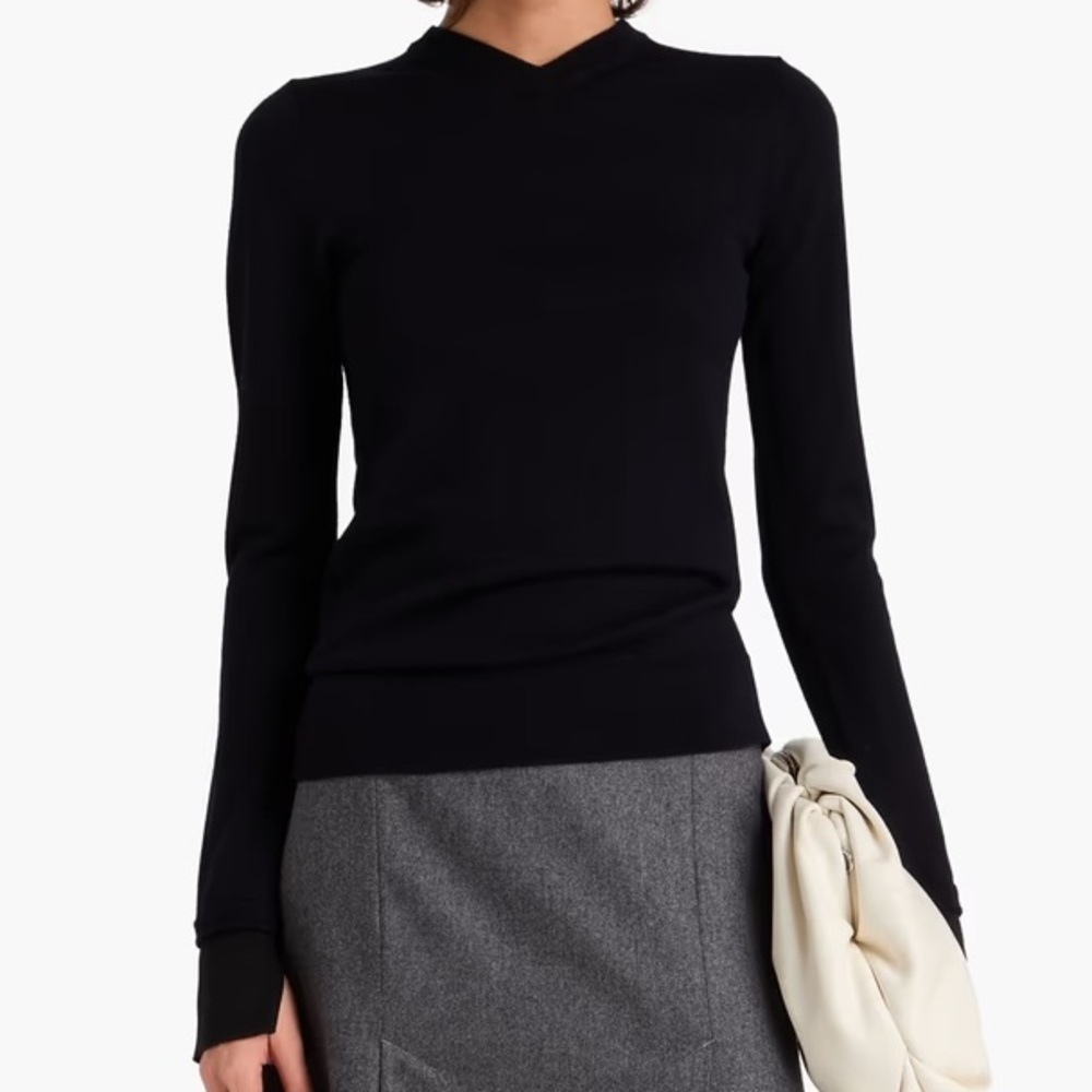Toteme Two Tone High V Neck Knit Wool Silk Cuff Sweater Navy Blue